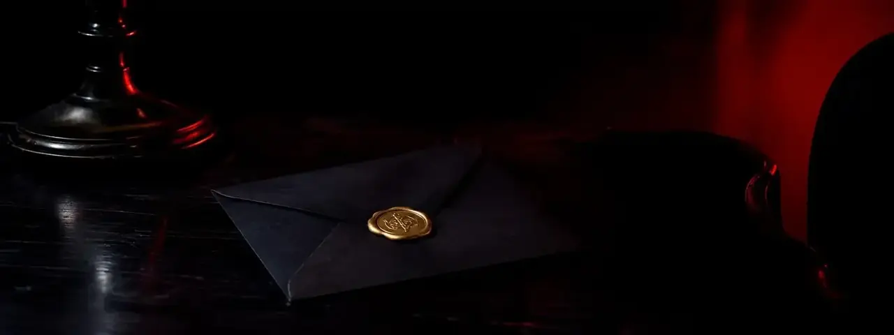 暗调桌面上封缄信封与金色火漆印章