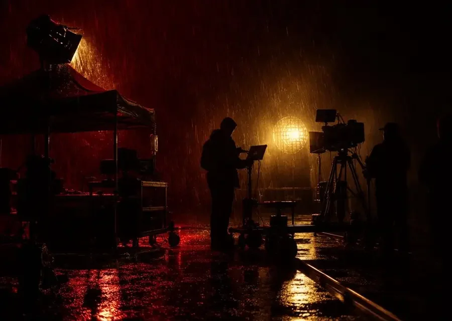 深夜雨戏剧组暗红色调现场氛围图